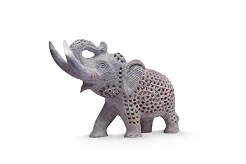 IYB -Natural Soapstone Marble Jali Work howling Mother trunk up Elephant - with fighting Baby Elephant Inside for Gift/showpiece/Decoration etc
