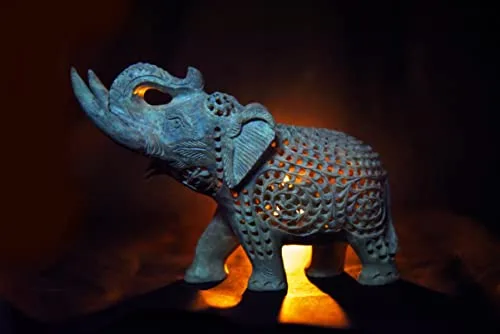 IYB -Natural Soapstone Marble Jali Work howling Mother trunk up Elephant - with fighting Baby Elephant Inside for Gift/showpiece/Decoration etc - Image 3