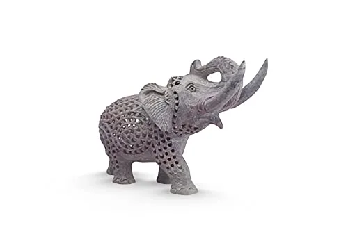 IYB -Natural Soapstone Marble Jali Work howling Mother trunk up Elephant - with fighting Baby Elephant Inside for Gift/showpiece/Decoration etc - Image 4