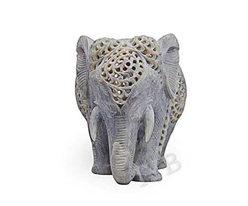 IYB - Natural Soapstone Marble Jali work Mother Elephant with Fighting baby Elephant inside For gift/showpiece/decoration etc - Image 4