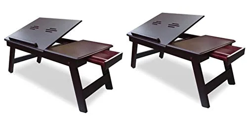 IYB-Wooden Adjustable Study Bed Laptop Multipurpose Table with Foldable Legs and Drawer (Brown) SET OF 2