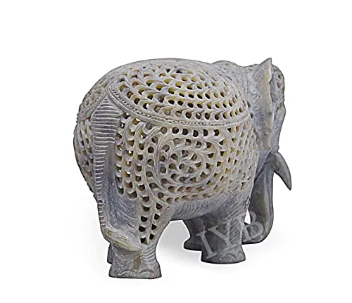 IYB - Natural Soapstone Marble Jali work Mother Elephant with Fighting baby Elephant inside For gift/showpiece/decoration etc - Image 7