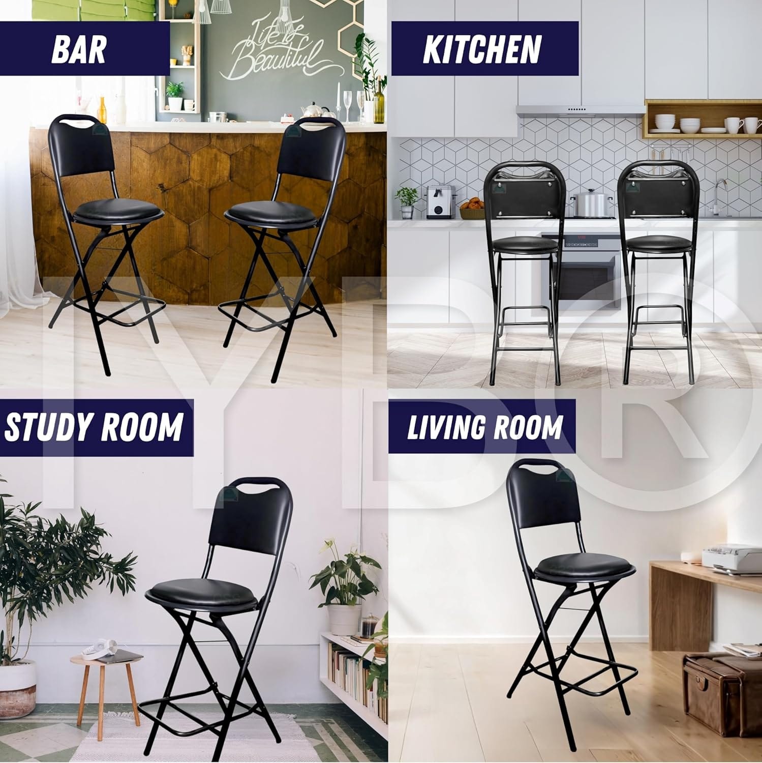 IYB® Premium Folding Kitchen & Stool Chair – 25 Inch Seat Height, Ergonomic Padded Seat, 100kg Capacity, Lightweight 4.5 kg, No Assembly, Space-Saving – Ideal for Kitchen, Bar, Living Room (Black) - Image 7