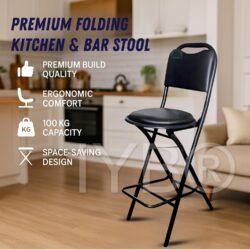 IYB® Premium Folding Kitchen & Stool Chair – 25 Inch Seat Height, Ergonomic Padded Seat, 100kg Capacity, Lightweight 4.5 kg, No Assembly, Space-Saving – Ideal for Kitchen, Bar, Living Room (Black)