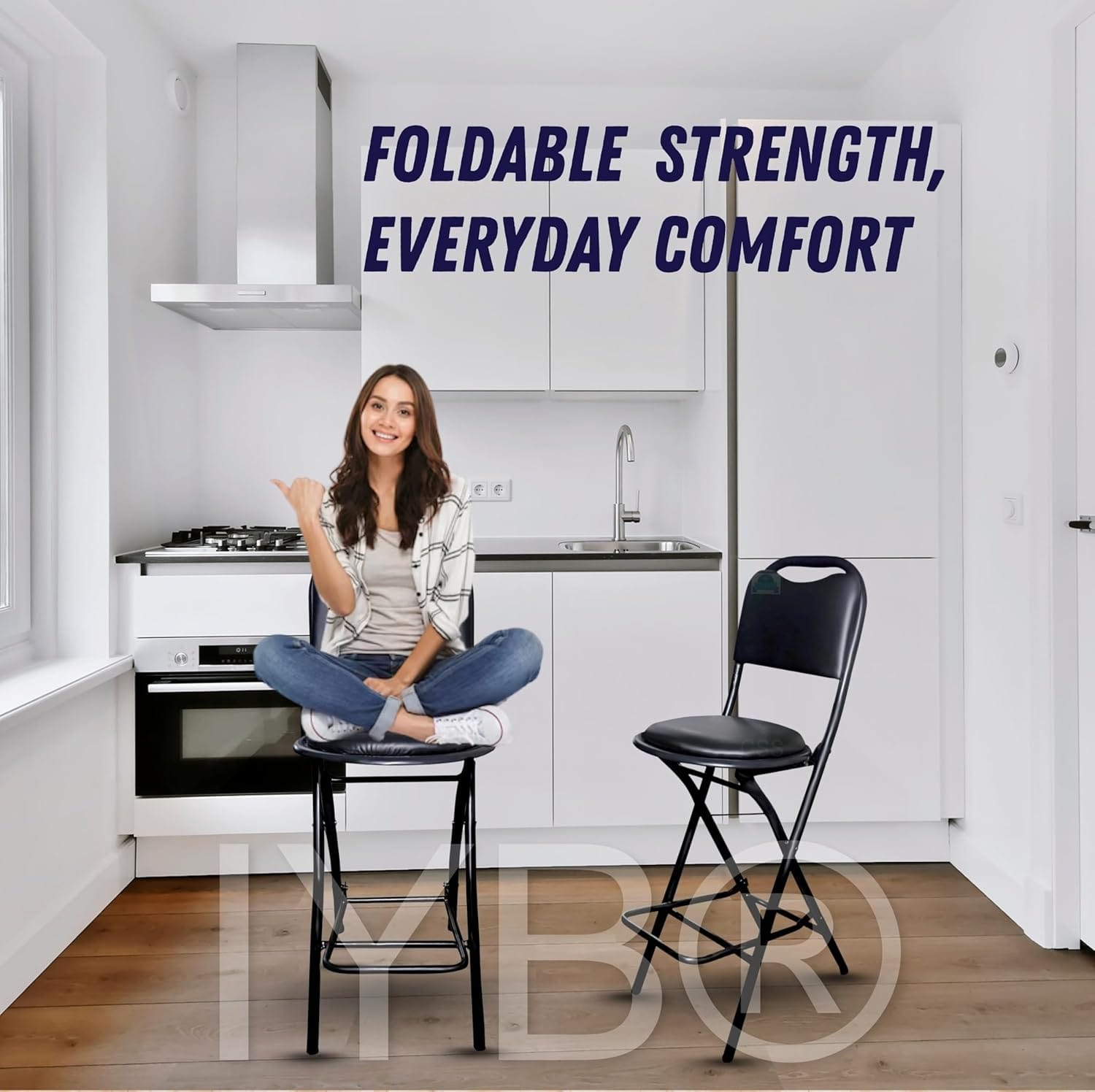 IYB® Premium Folding Kitchen & Stool Chair – 25 Inch Seat Height, Ergonomic Padded Seat, 100kg Capacity, Lightweight 4.5 kg, No Assembly, Space-Saving – Ideal for Kitchen, Bar, Living Room (Black) - Image 6